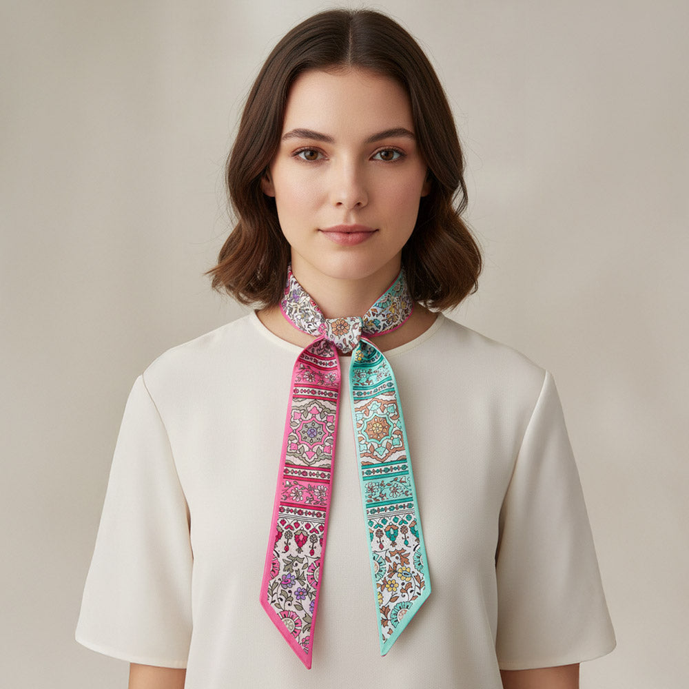 Madeline Love Pink Vintage Floral Medallion Allover Print Silk Feel Twilly Skinny Scarf - Scarves & Wraps