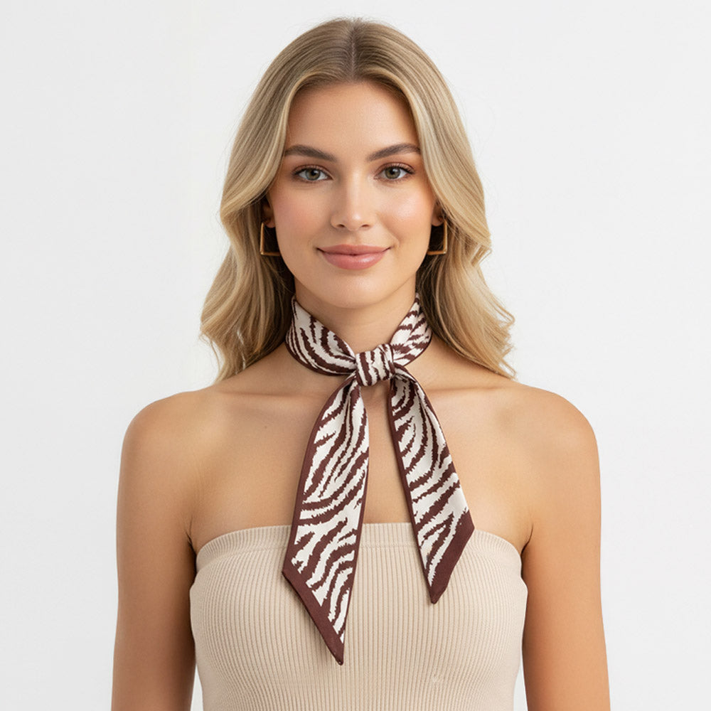 Madeline Love Brown Abstract Zebra Pattern Print Silk Feel Twilly Skinny Scarf - Scarves & Wraps