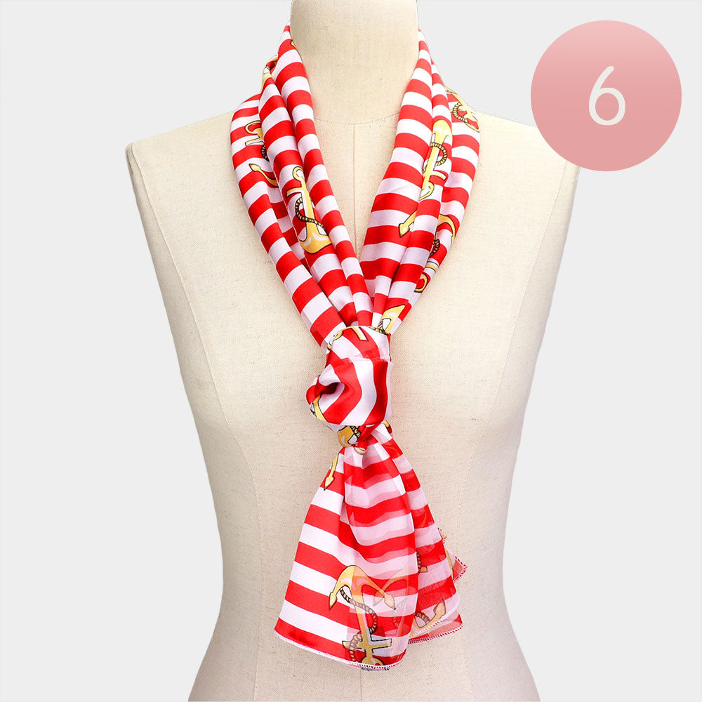 Madeline Love Red 6PCS - Satin Striped Anchor Pattern Print Scarves - Scarves & Wraps