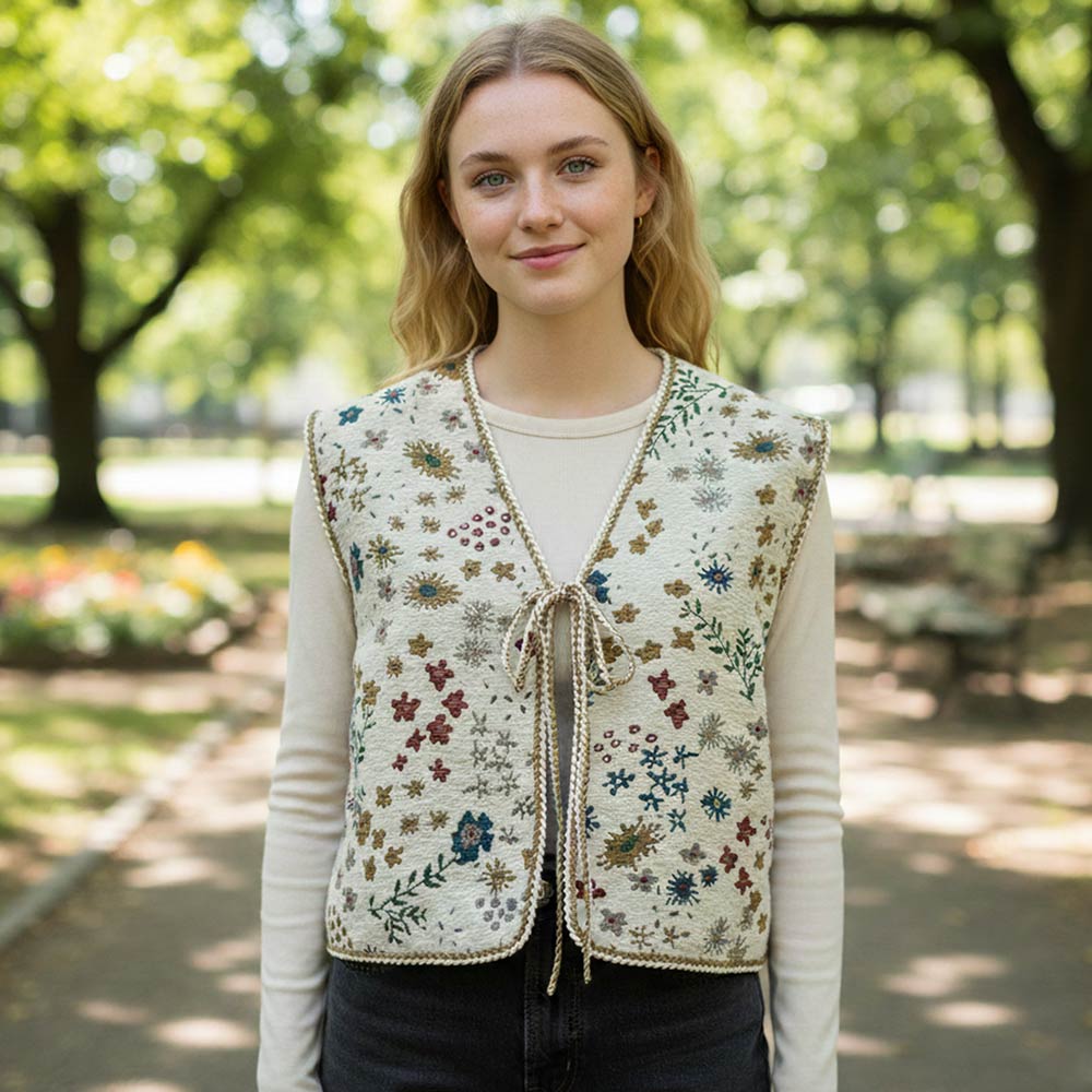 Madeline Love Ivory Vintage Floral Tapestry Tie Front Vest - Jewelry