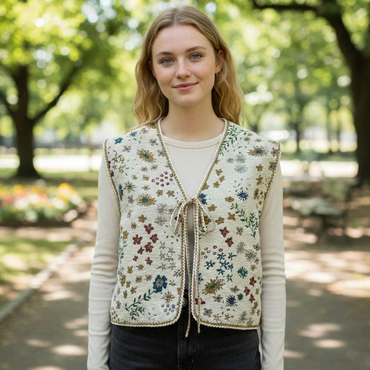 Madeline Love Ivory Vintage Floral Tapestry Tie Front Vest - Jewelry