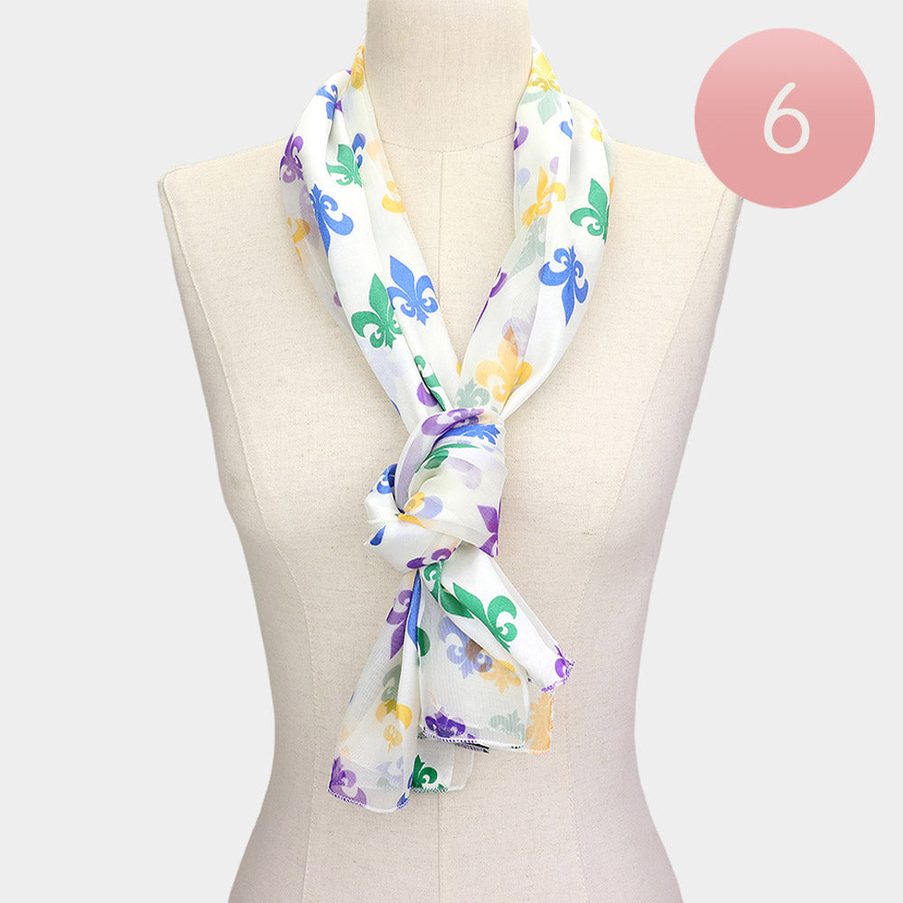 Ivory 6PCS - Silk Feel Satin Mardi Gras Fleur de Lis Patterned Scarf