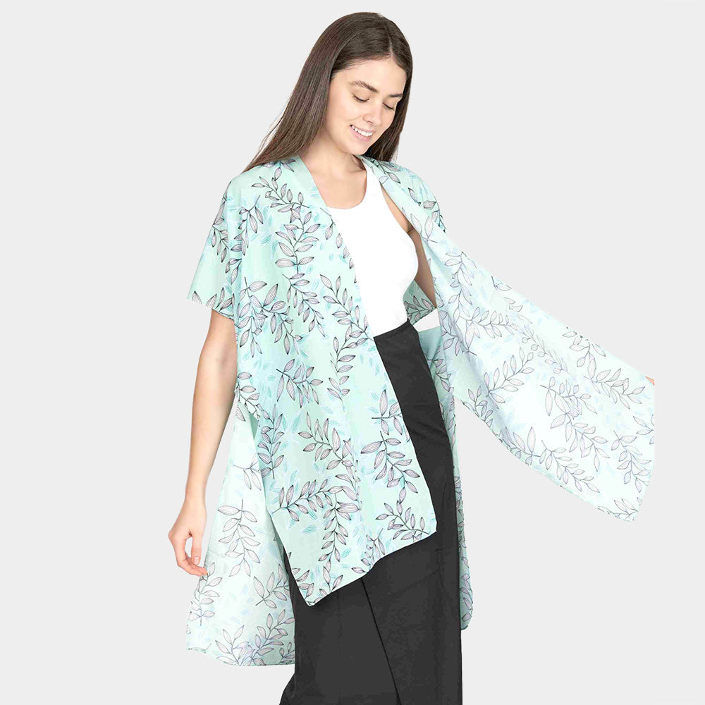 Madeline Love Green Leaf Patterned Cover Up Kimono Poncho - Apparel