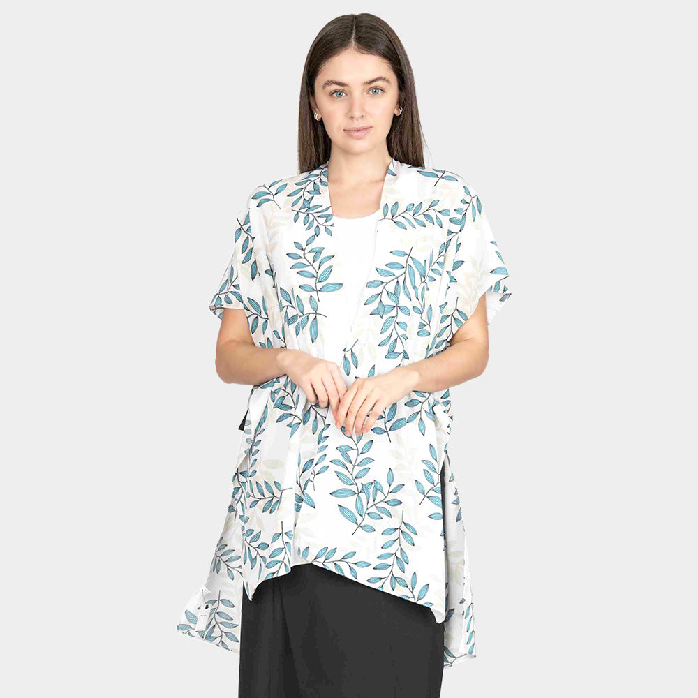 Madeline Love Ivory Leaf Patterned Cover Up Kimono Poncho - Apparel