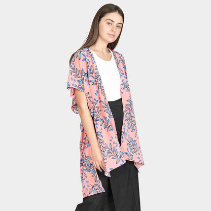 Madeline Love Peach Leaf Patterned Cover Up Kimono Poncho - Apparel