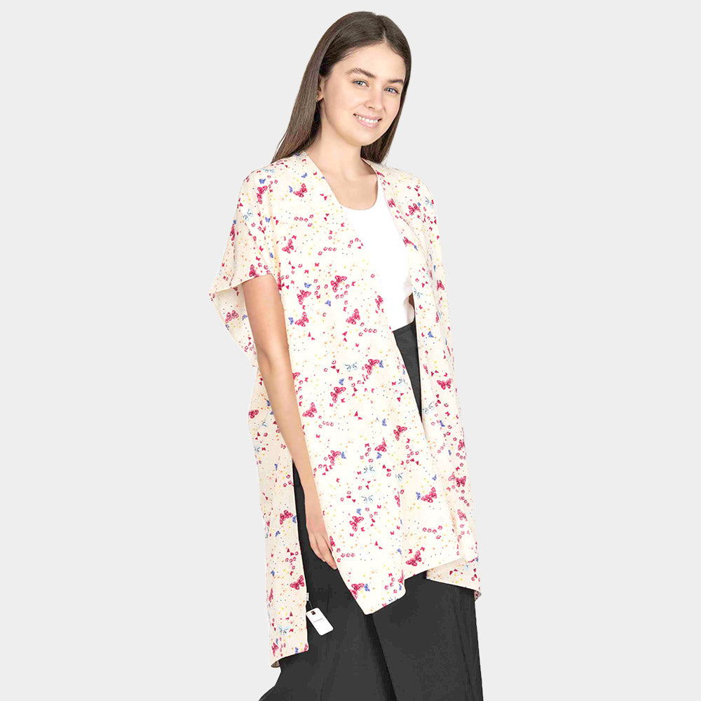 Madeline Love Beige Butterfly Flower Patterned Cover Up Kimono Poncho - Apparel