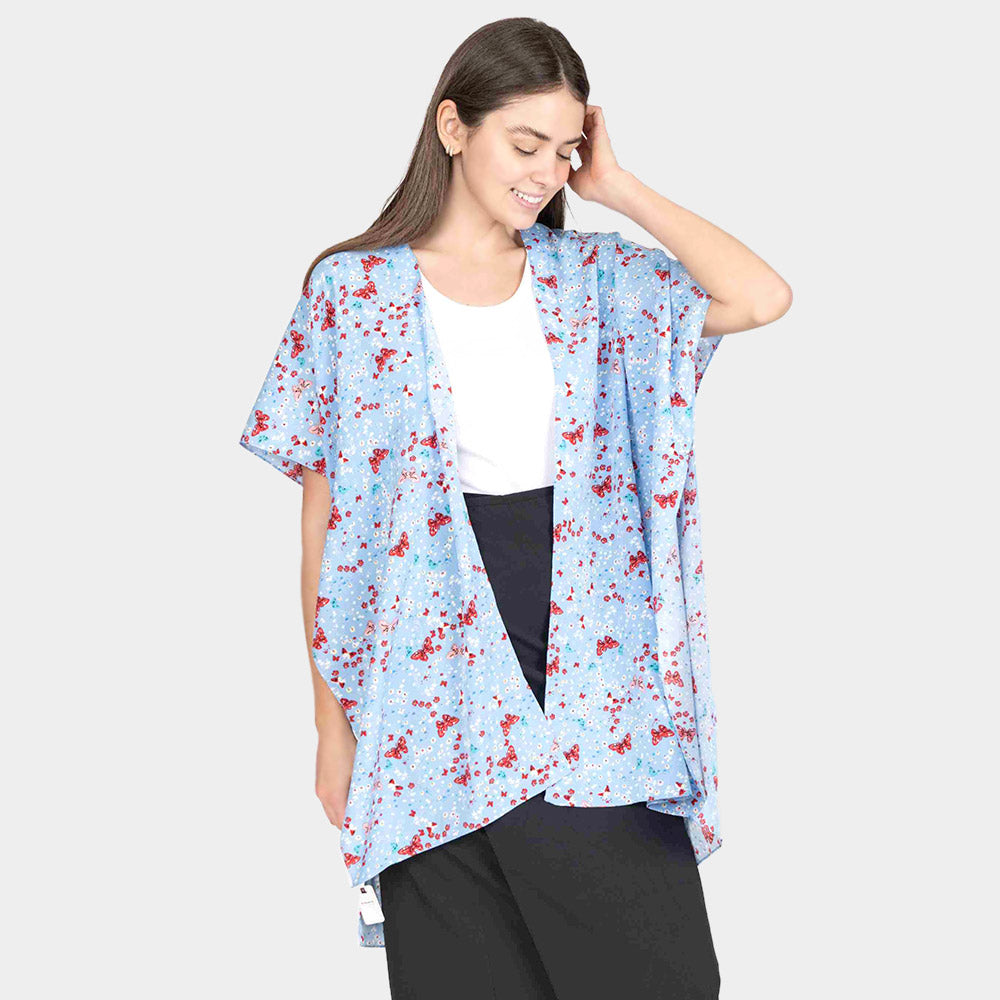 Madeline Love Blue Butterfly Flower Patterned Cover Up Kimono Poncho - Apparel
