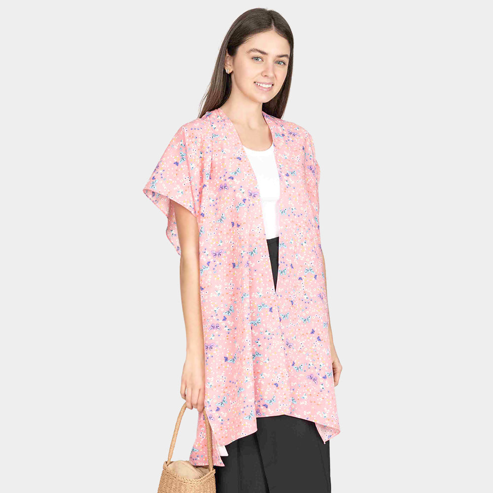 Madeline Love Pink Butterfly Flower Patterned Cover Up Kimono Poncho - Apparel