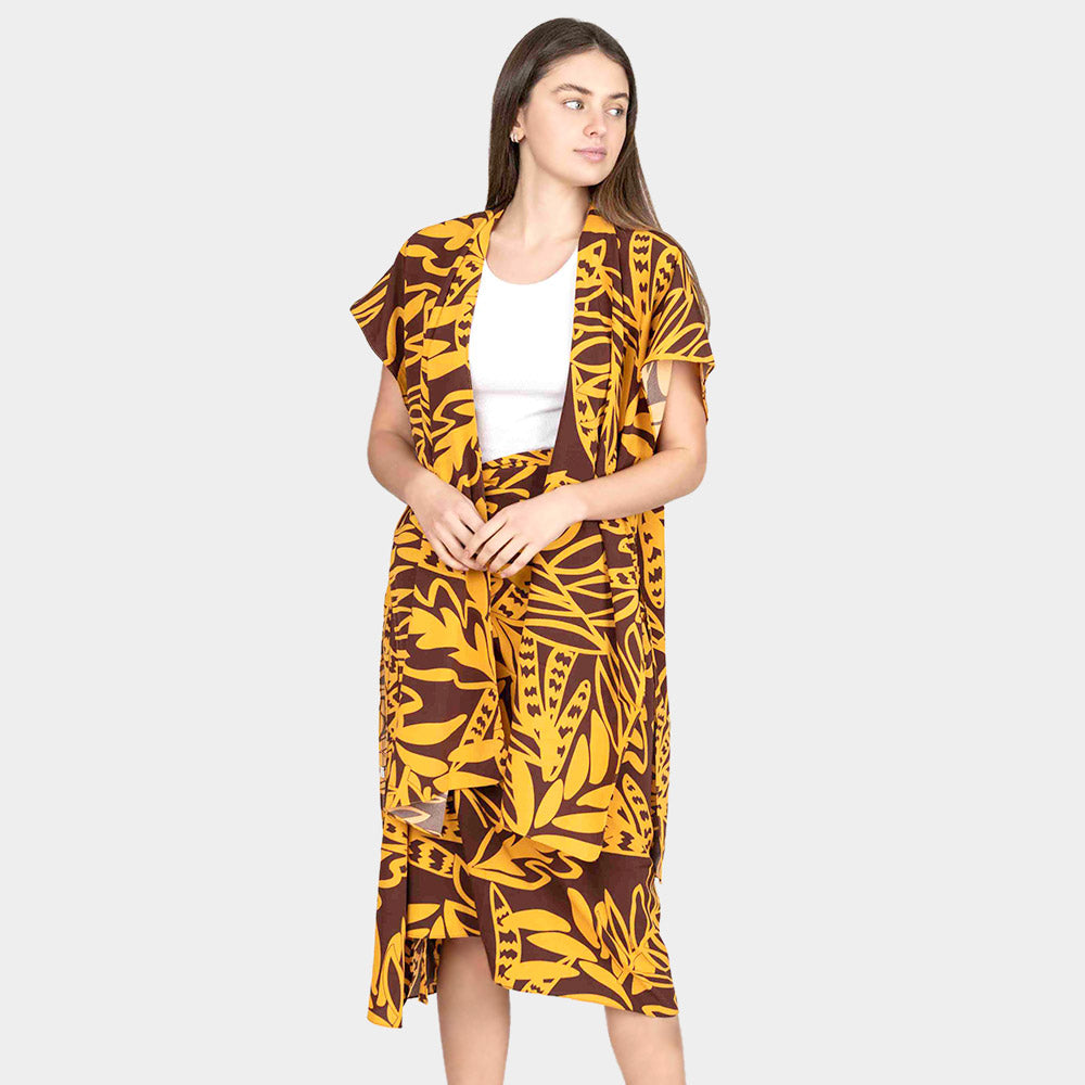 Madeline Love Brown Leaf Patterned Cover Up Kimono Poncho - Apparel