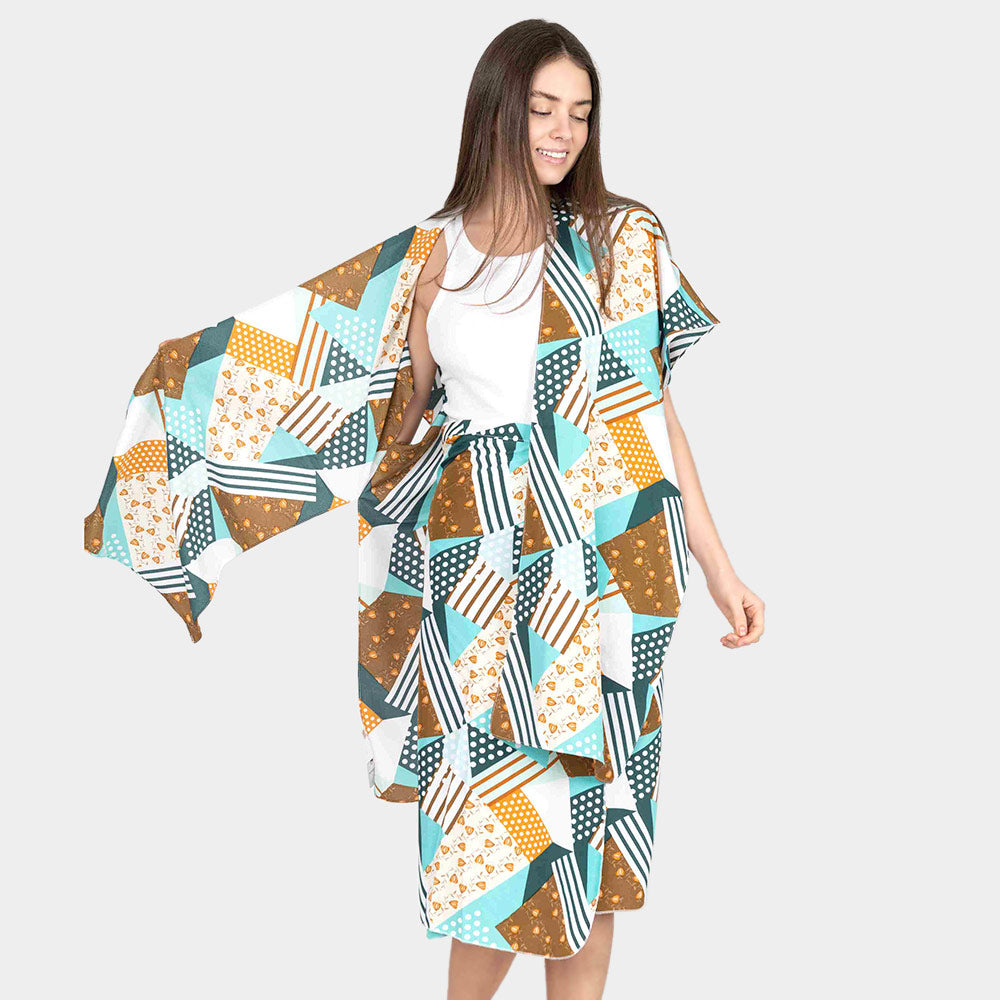 Madeline Love Blue Geometric Patterned Cover Up Kimono Poncho - Apparel