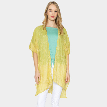 Madeline Love Yellow Embroidered Floral Cover Up Kimono Poncho - Apparel