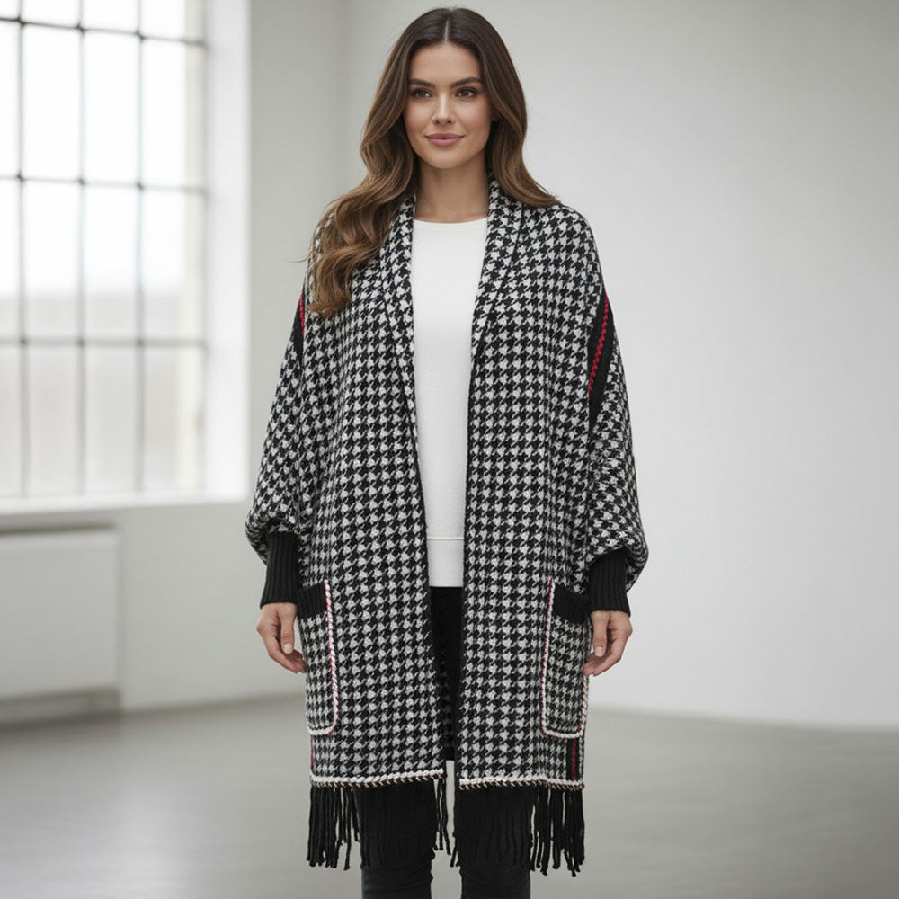 Madeline Love Black Open Front Houndstooth Fringe Knit Poncho - Jewelry