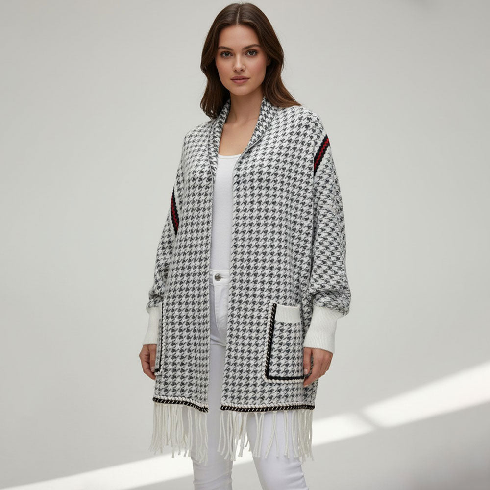 Madeline Love White Open Front Houndstooth Fringe Knit Poncho - Jewelry
