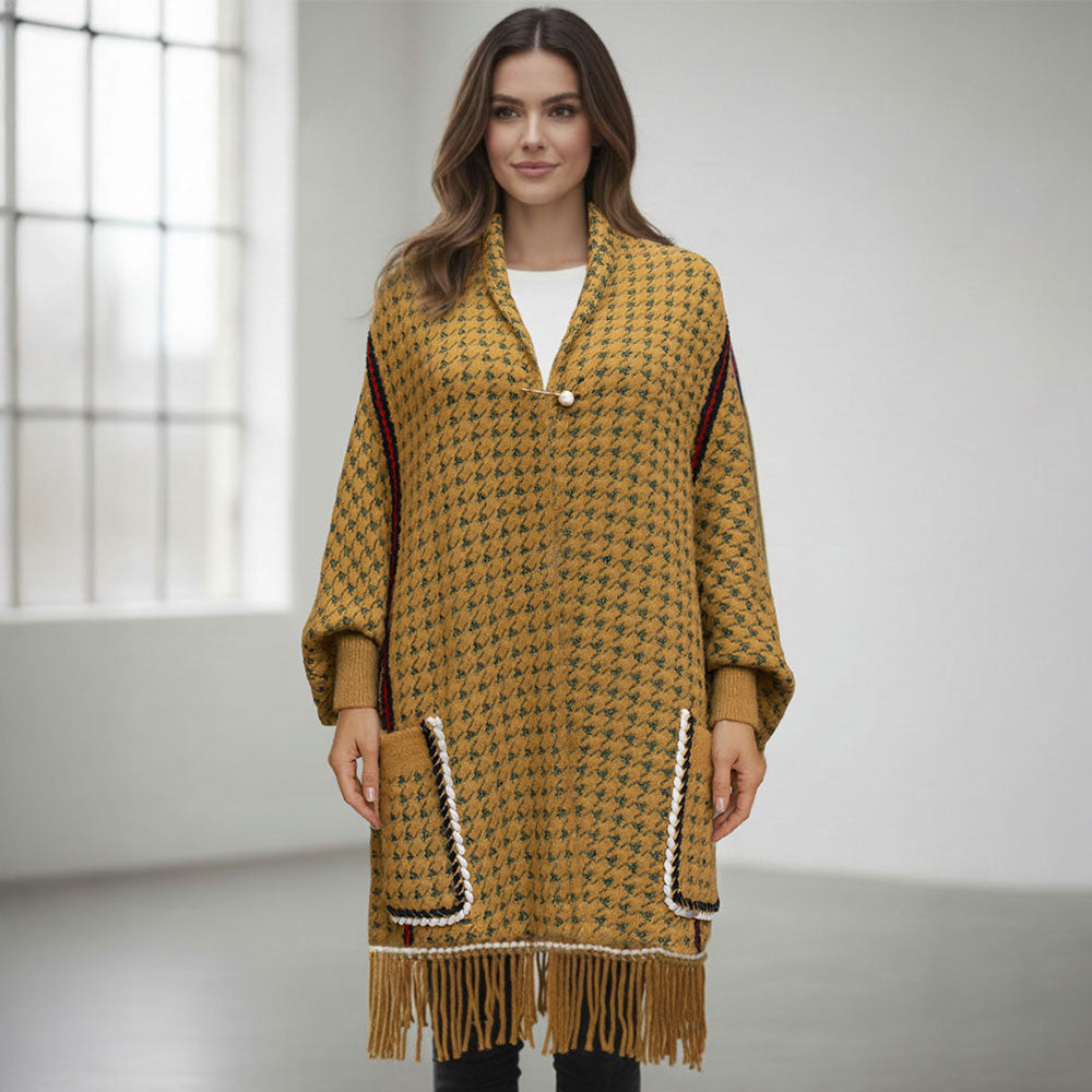 Madeline Love Tan Open Front Houndstooth Fringe Knit Poncho - Jewelry