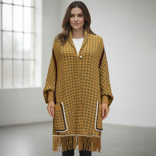 Madeline Love Tan Open Front Houndstooth Fringe Knit Poncho - Jewelry