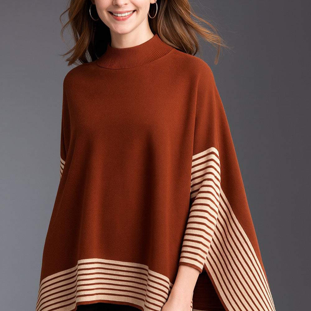 Madeline Love Brown Striped Hem Mock Neck Asymmetrical Poncho - Jewelry