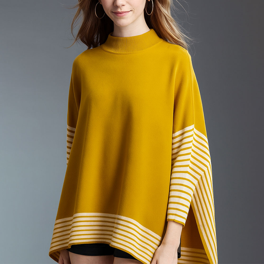 Madeline Love Mustard Striped Hem Mock Neck Asymmetrical Poncho - Jewelry