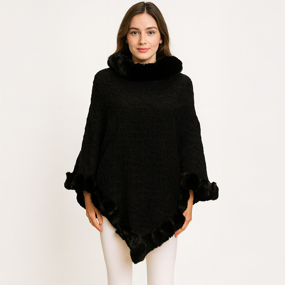 Black Textured Faux Fur Trim Cape Poncho