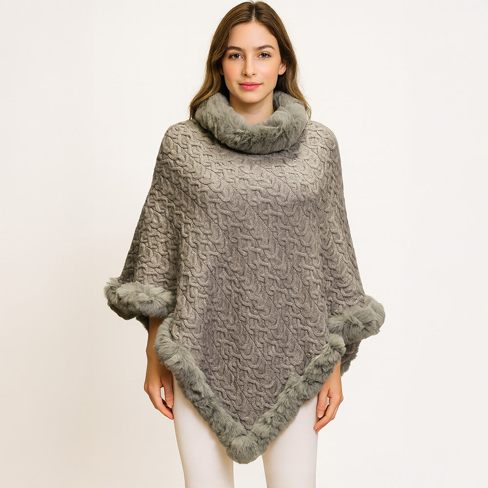 Gray Textured Faux Fur Trim Cape Poncho