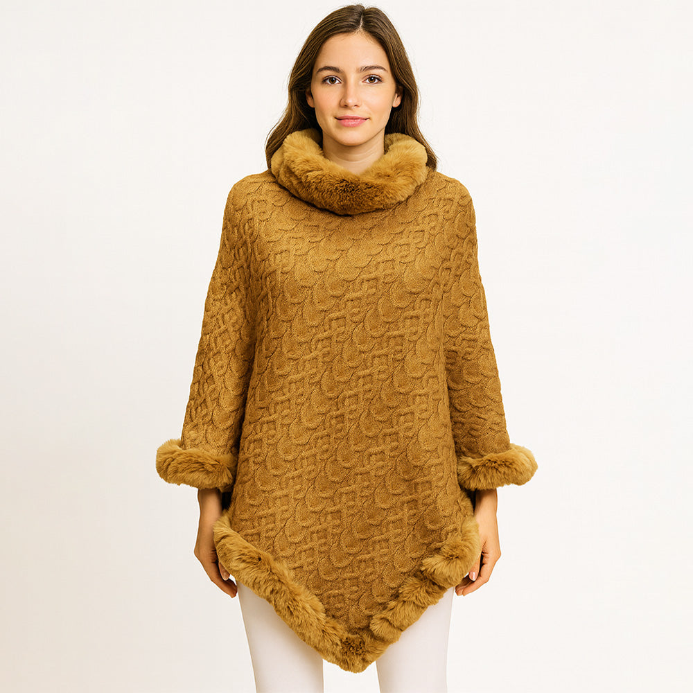 Camel Textured Faux Fur Trim Cape Poncho