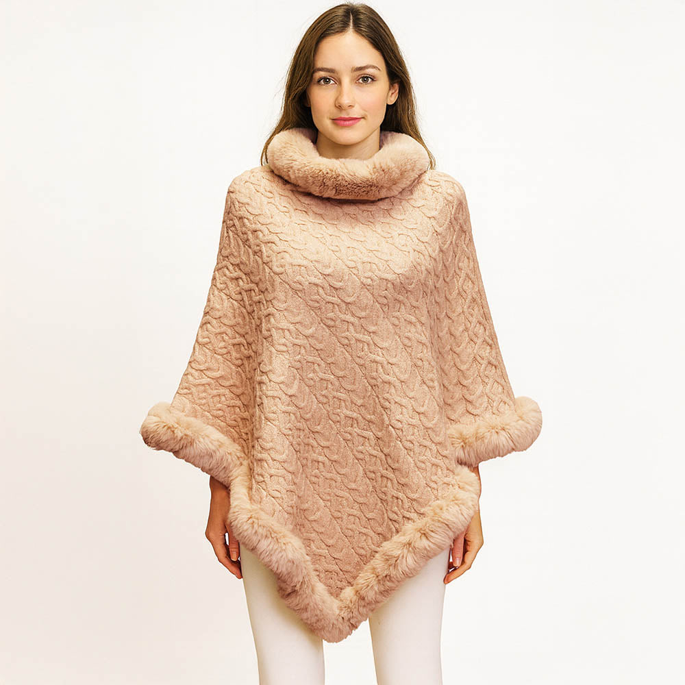 Pink Textured Faux Fur Trim Cape Poncho