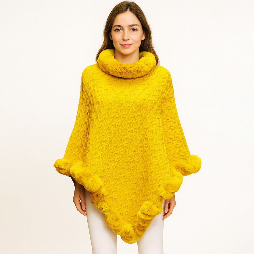 Mustard Textured Faux Fur Trim Cape Poncho
