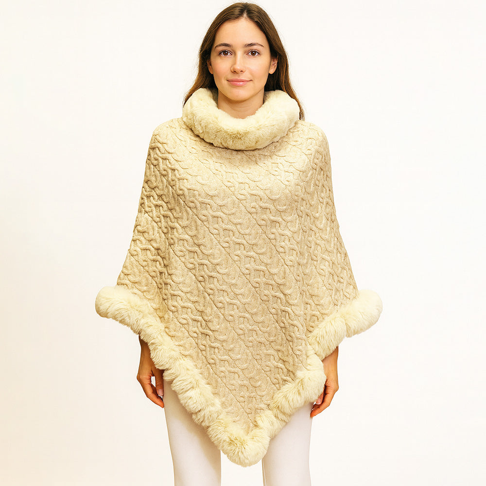 Ivory Textured Faux Fur Trim Cape Poncho