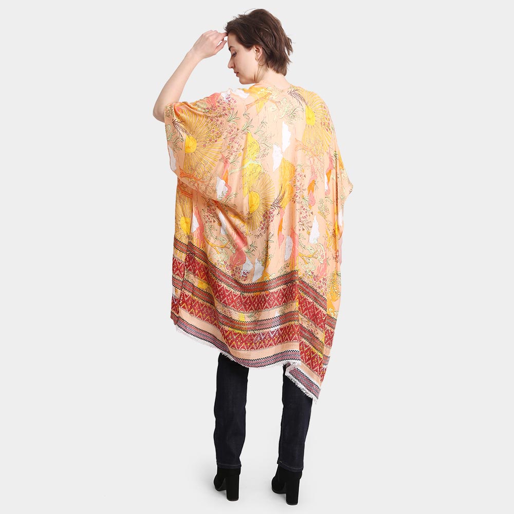 Madeline Love Orange Leaf Patterned Cover Up Kimono Poncho - Apparel - desc