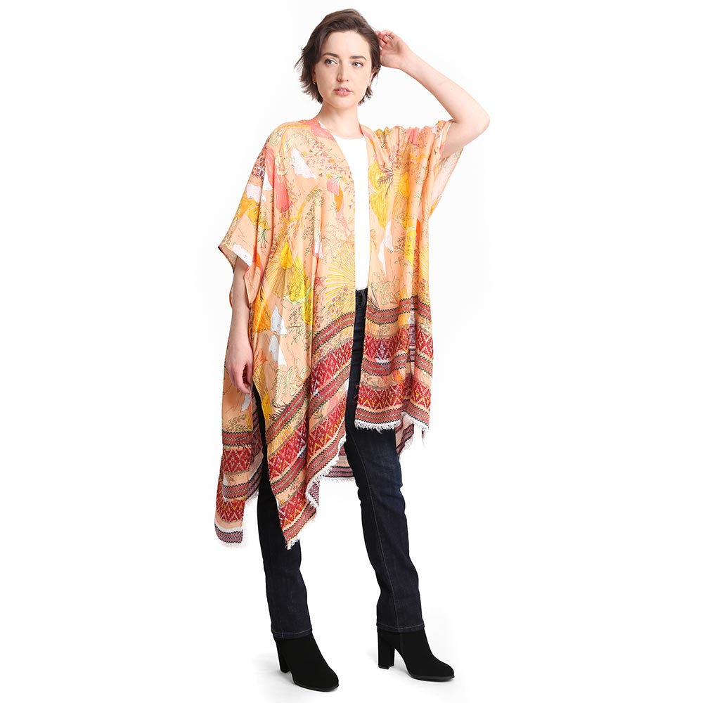 Madeline Love Orange Leaf Patterned Cover Up Kimono Poncho - Apparel - extra