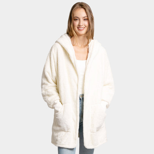 Ivory Front Pockets Oversized Solid Hoodie Jacket