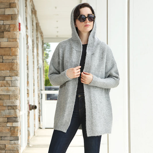 Gray Solid Color Knitted Hood and Ribbed Edges Cardigan