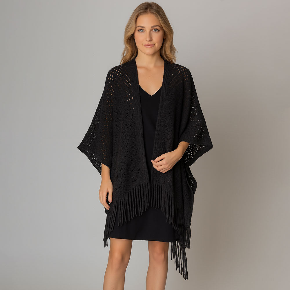 Black Fringe Open Knit Crochet Draped Shawl Wrap Ruana Poncho