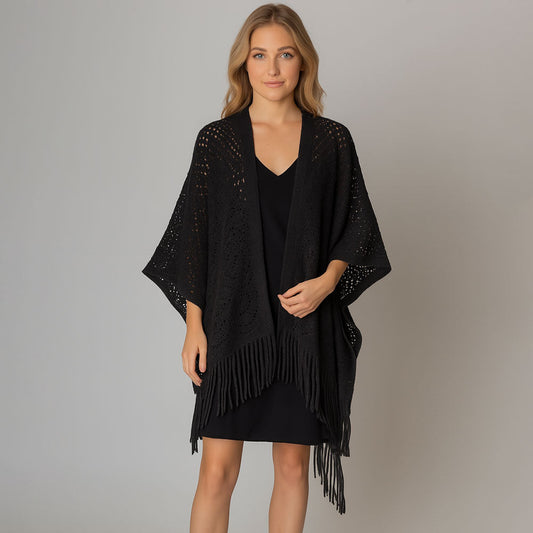 Black Fringe Open Knit Crochet Draped Shawl Wrap Ruana Poncho