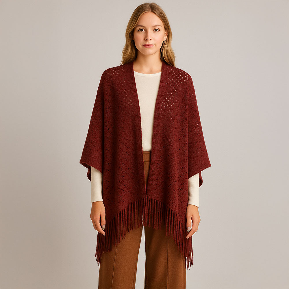 Burgundy Fringe Open Knit Crochet Draped Shawl Wrap Ruana Poncho