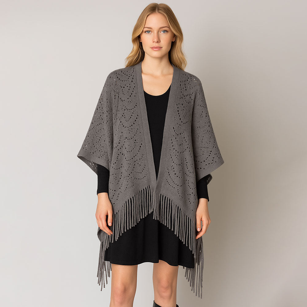 Gray Fringe Open Knit Crochet Draped Shawl Wrap Ruana Poncho