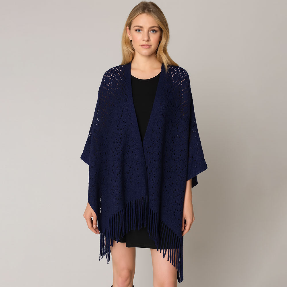Navy Fringe Open Knit Crochet Draped Shawl Wrap Ruana Poncho