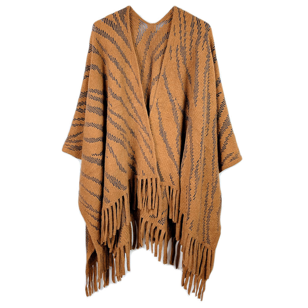 Madeline Love Camel Zebra Patterned Crochet Poncho - Hair Accessories - desc