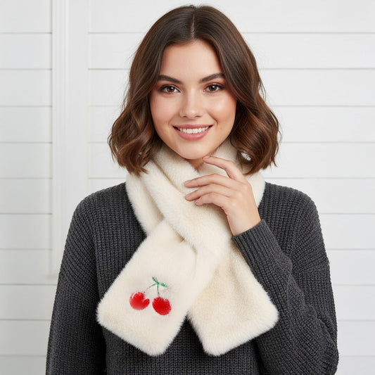 Madeline Love Red, White Faux Fur Plush Cherry Embroidered Pull Through Scarf - Hair Accessories