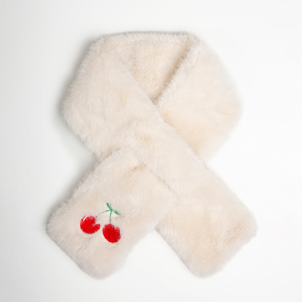 Madeline Love Red, White Faux Fur Plush Cherry Embroidered Pull Through Scarf - Hair Accessories - desc