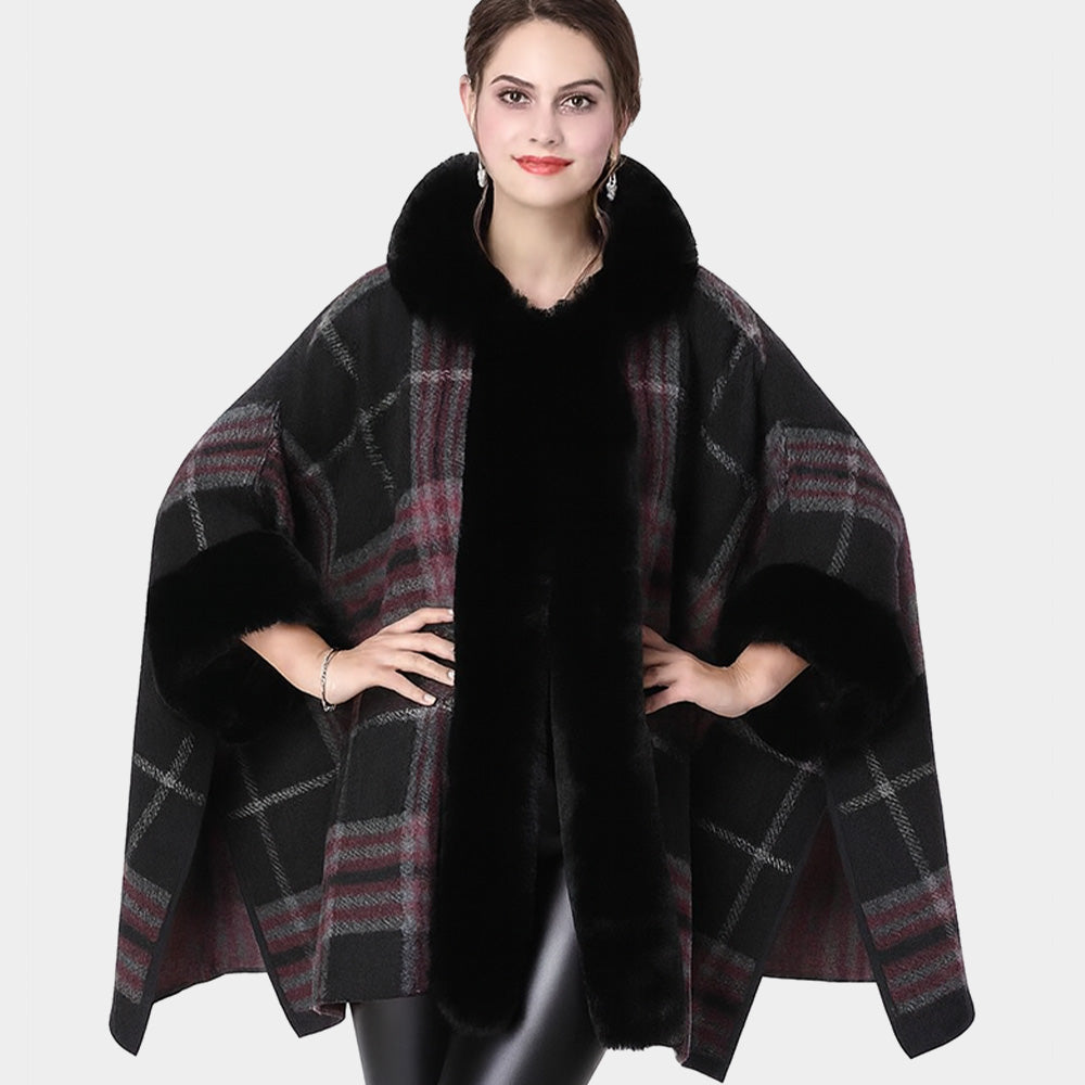 Black Faux Fur Trim Plaid Check Cape Coat Poncho