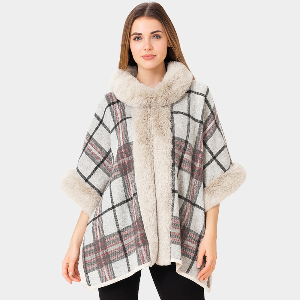 Ivory Faux Fur Trim Plaid Check Cape Coat Poncho