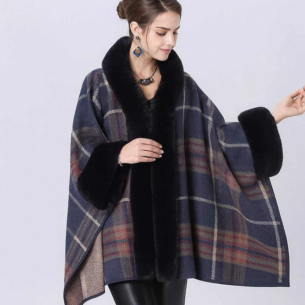 Navy Faux Fur Trim Plaid Check Cape Coat Poncho