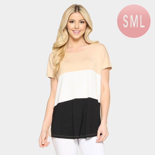 Madeline Love Black, Camel, White Short Sleeve Color Block Top - Hair Accessories