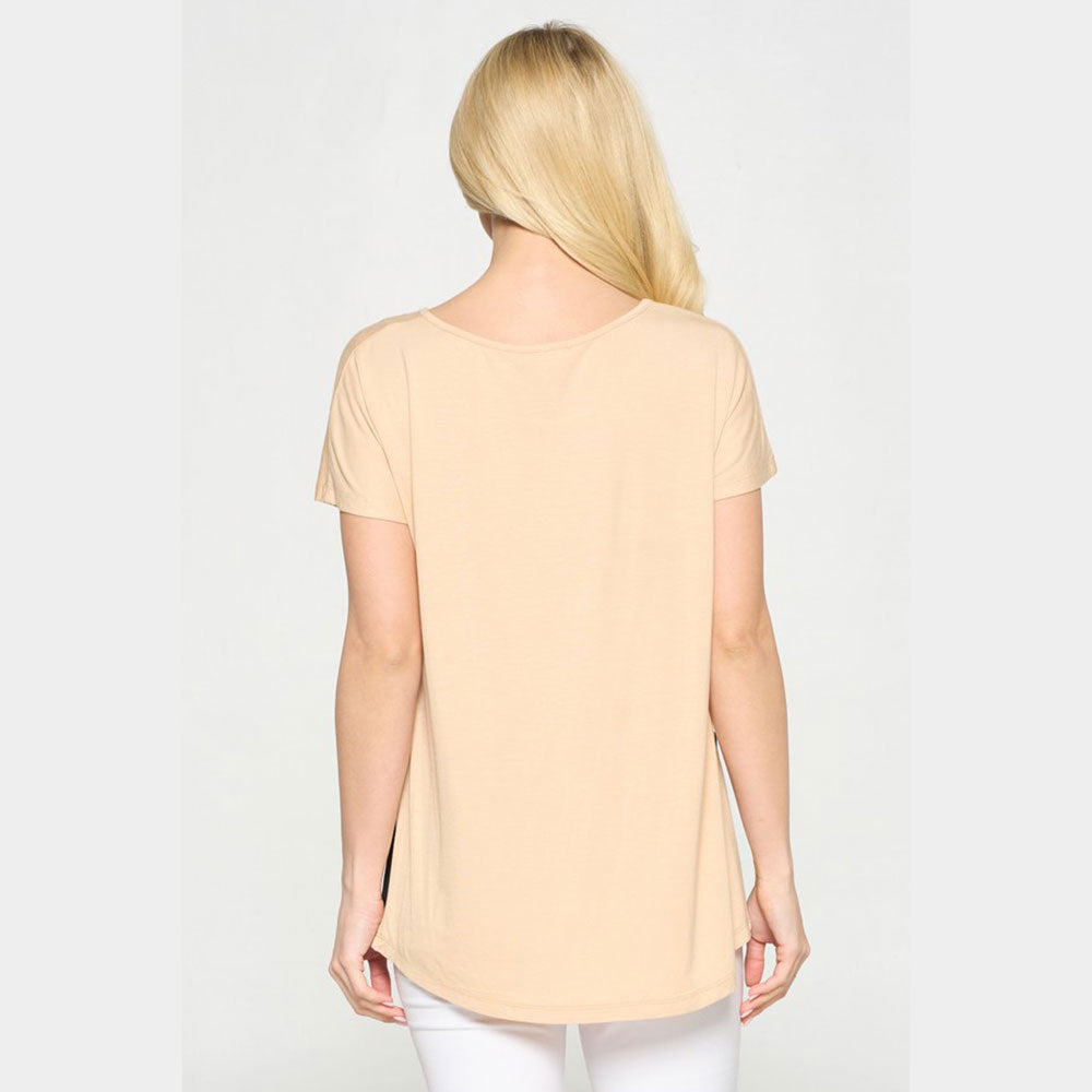 Madeline Love Black, Camel, White Short Sleeve Color Block Top - Hair Accessories - desc