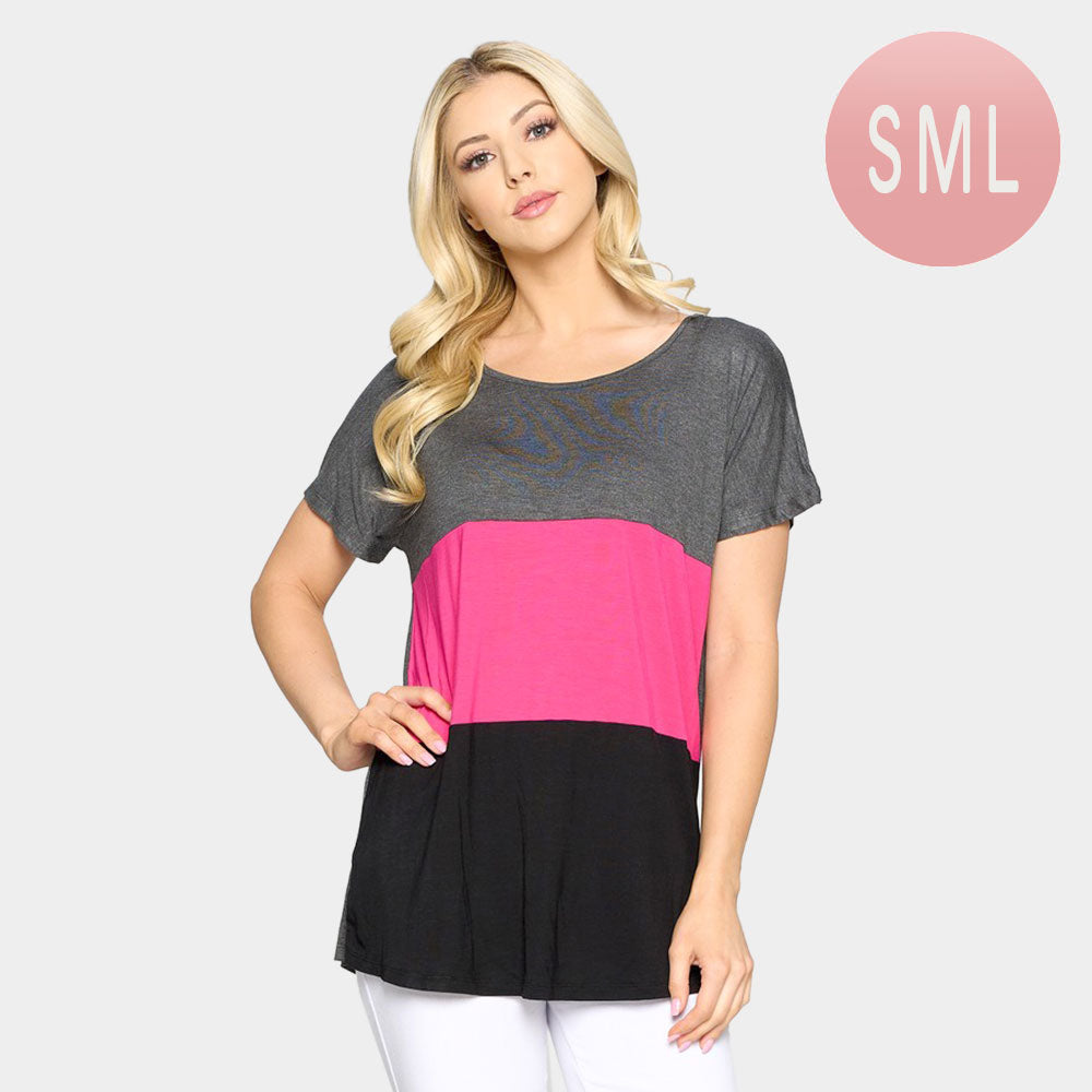 Madeline Love Black, Fuchsia, Gray Short Sleeve Color Block Top - Hair Accessories
