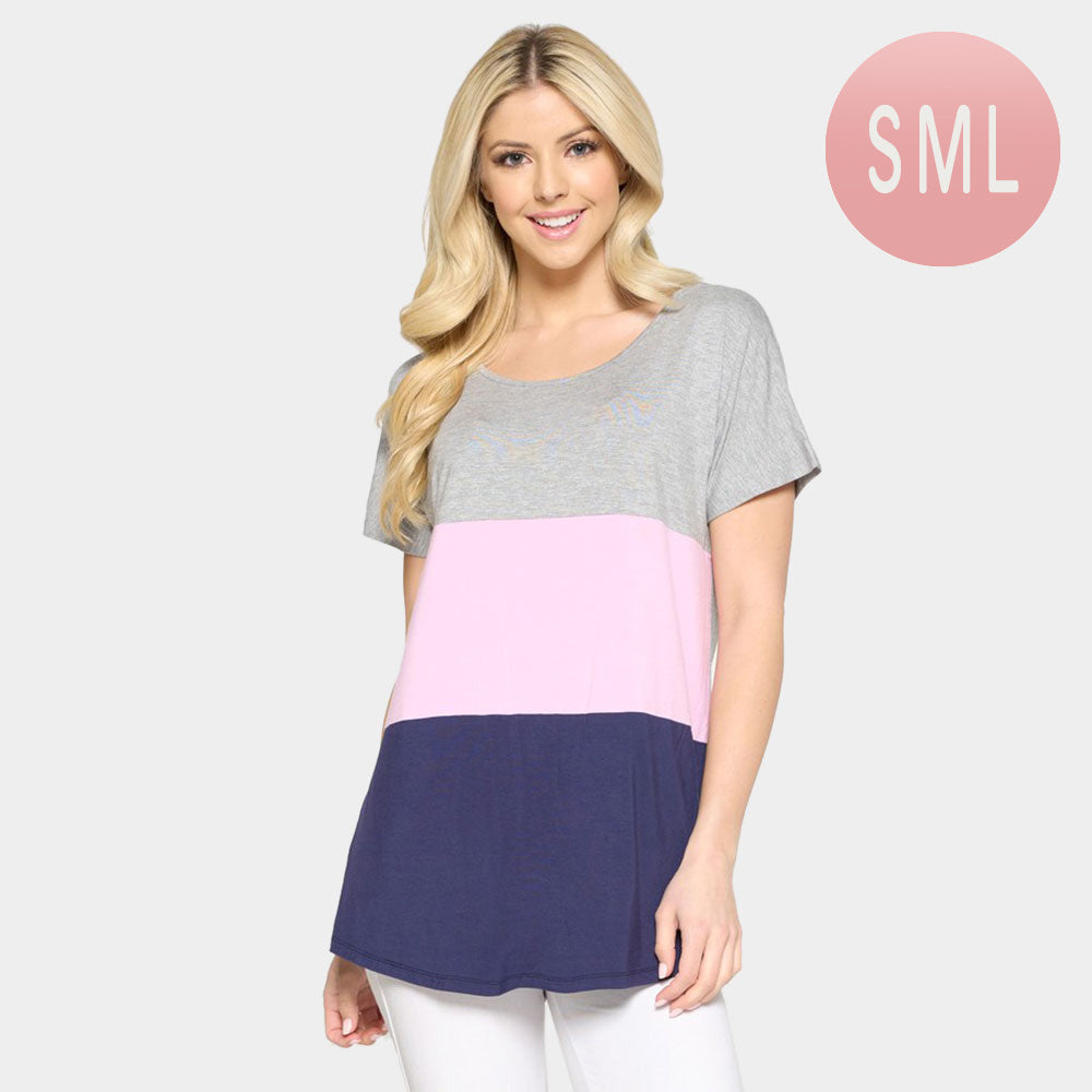 Madeline Love Gray, Lavender, Navy Short Sleeve Color Block Top - Hair Accessories