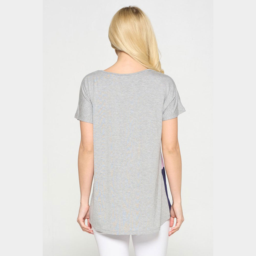 Madeline Love Gray, Lavender, Navy Short Sleeve Color Block Top - Hair Accessories - desc
