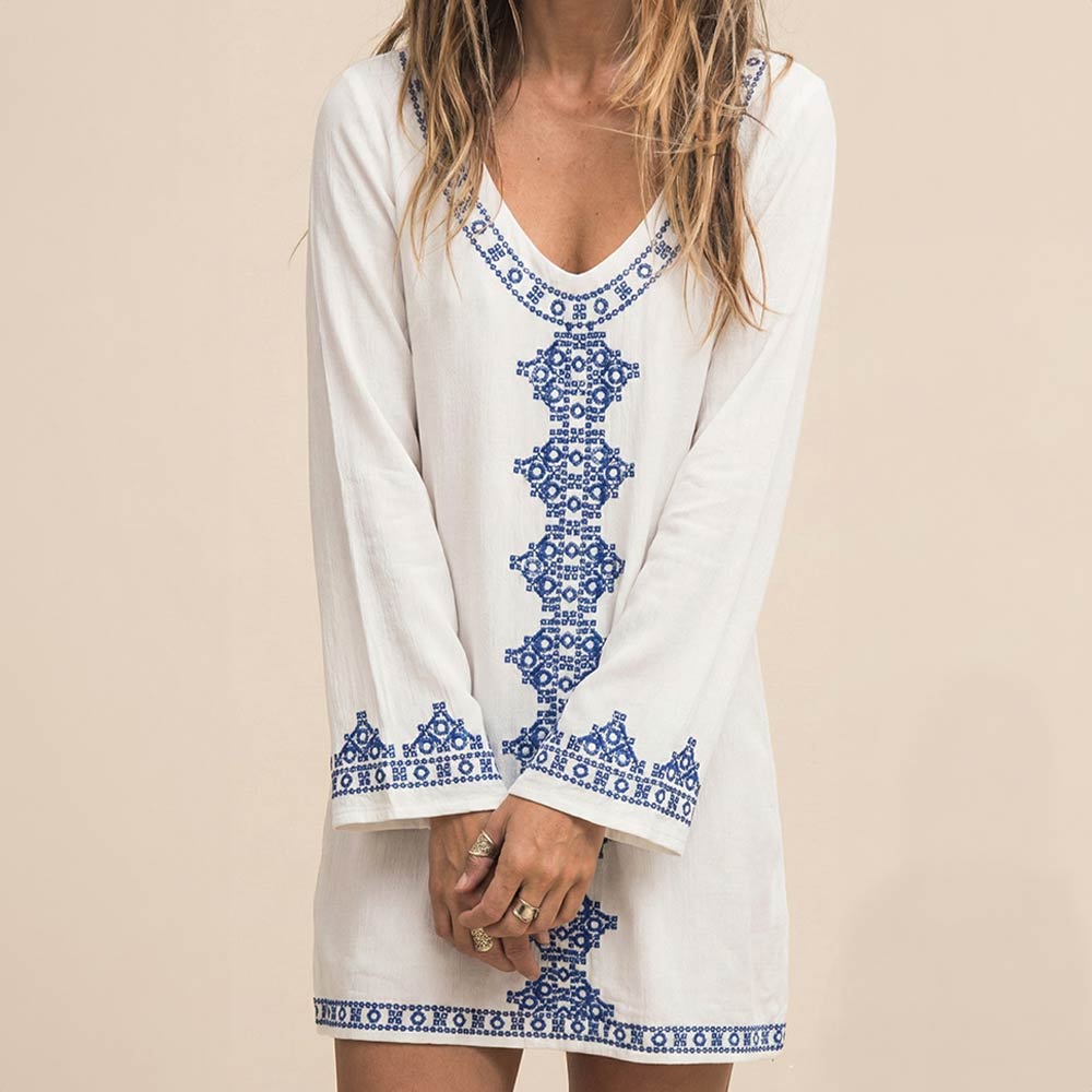 Madeline Love White Embroidered Long Sleeves Boho Tunic Dress - Apparel