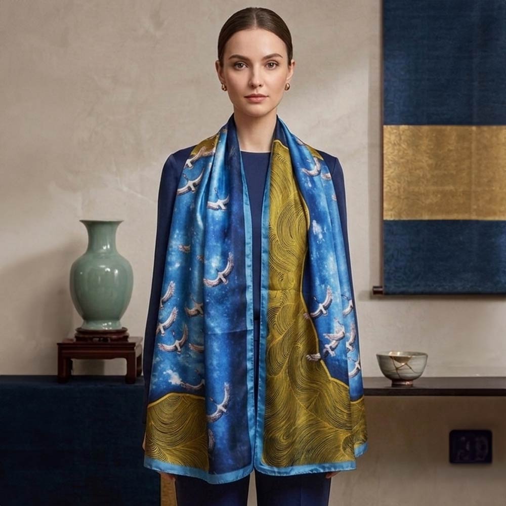 Madeline Love Blue Silk Feel Crane Print Versatile Wrap Scarf - Scarves & Wraps