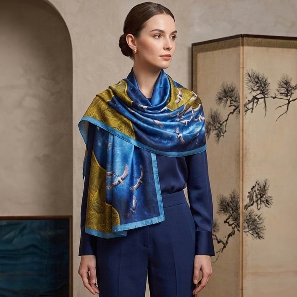 Madeline Love Blue Silk Feel Crane Print Versatile Wrap Scarf - Scarves & Wraps - desc